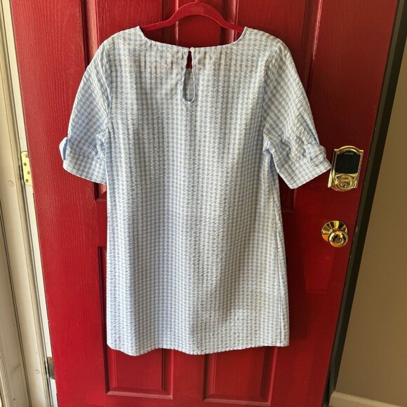 Crown & Ivy Dress Gingham Plaid Blue White Check Women Size Large Bow Sleeves - Picture 4 of 8